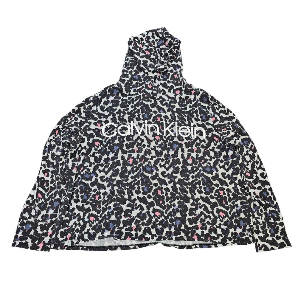 Calvin Klein Leopard Print Hoodie Women's Size L Black Gray Logo Pullover